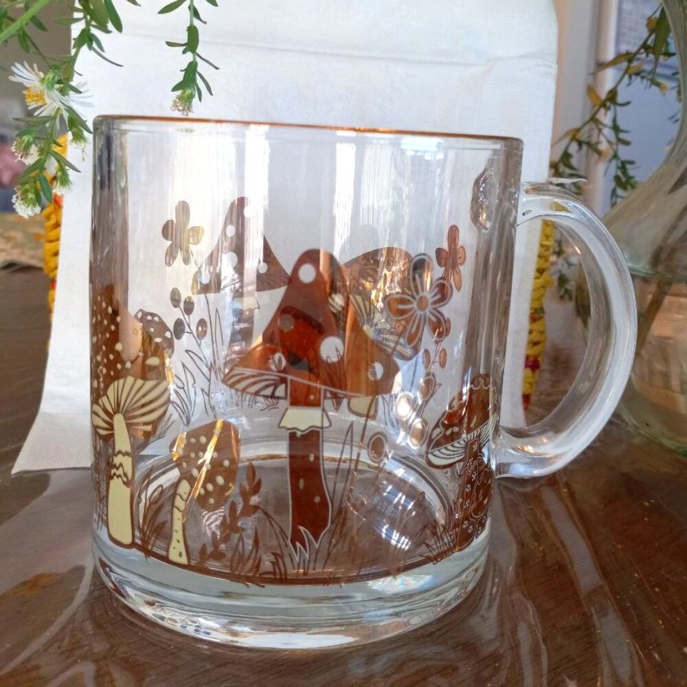 Gold Mushroom Clear Glass coffee/tea Mug (cottagecore)